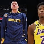 Los Angeles Lakers' Rui Hachimura and Denver Nuggets' Nikola Jokic with Jamal Murray