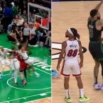 Jayson Tatum being fouled by Heat players