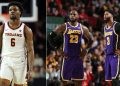Los Angeles Lakers' LeBron James with Anthony Davis and Bronny James
