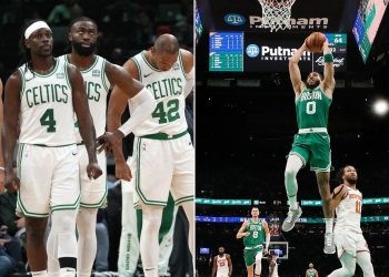 Boston Celtics starting lineup (Credits - Pounding on the Rock and Britannica)