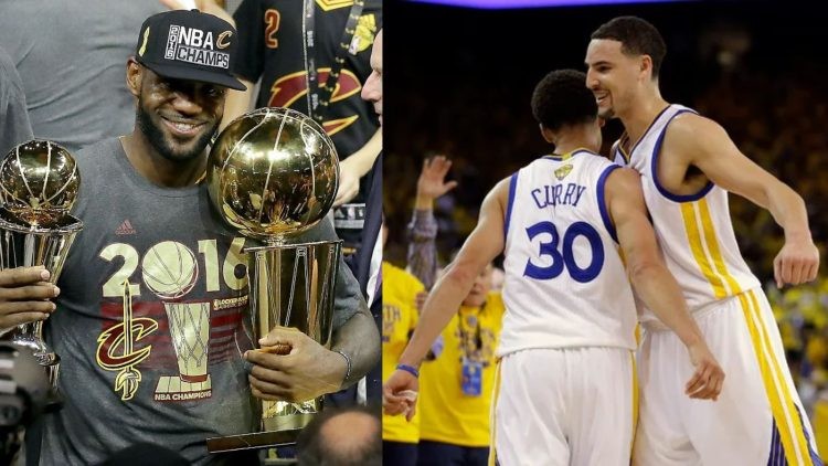 LeBron James with the Cleveland Cavaliers and GSW's Steph Curry with Klay Thompson