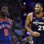 New York Knicks' OG Anunoby and Philadelphia 76ers' Joel Embiid