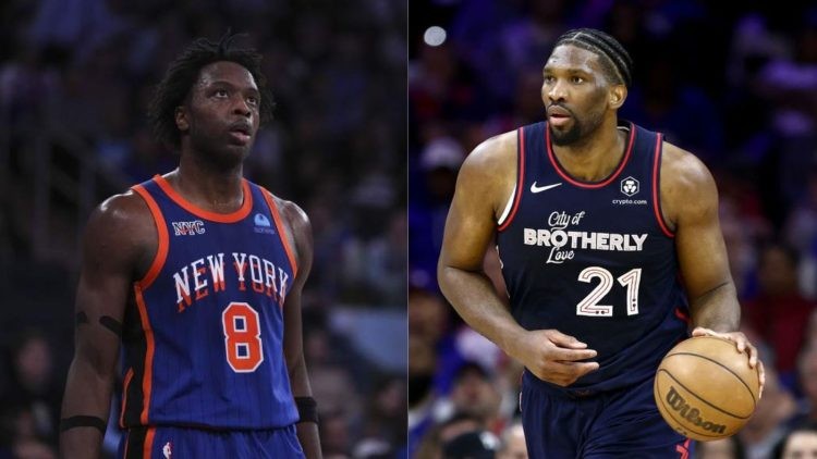 New York Knicks' OG Anunoby and Philadelphia 76ers' Joel Embiid