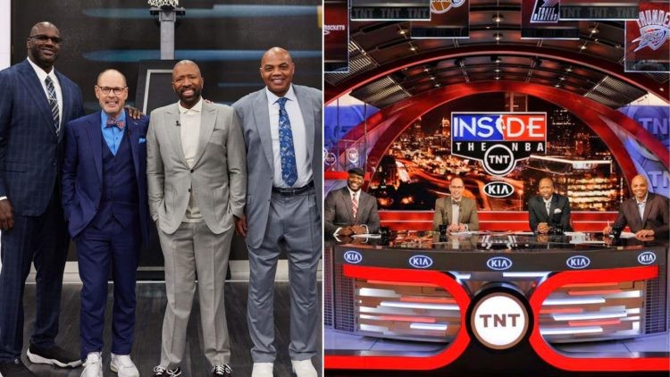 Inside the NBA Cast - Shaquille O'Neal, Ernie Johnson, Kenny Smith, and Charles Barkley (Credits - Sports Illustrated and The Atlanta Journal-Constitution)
