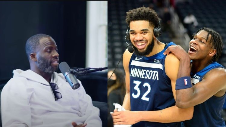 Draymond Green and Minnesota Timberwolves' Anthony Edwards with Karl-Anthony Towns