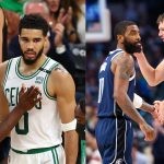 Boston Celtics' Jayson Tatum with Jaylen Brown and Dallas Mavericks' Luka Doncic with Kyrie Irving