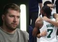Dallas Mavericks' Luka Doncic and Boston Celtics' Jayson Tatum with Jaylen Brown