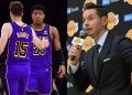 Los Angeles Lakers' JJ Redick and Rui Hachimura with Austin Reaves