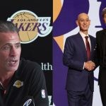 Los Angeles Lakers' Rob Pelinka and Dalton Knecht with Adam Silver