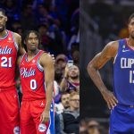 Philadelphia 76ers' Joel Embiid with Tyrese Maxey and Paul George