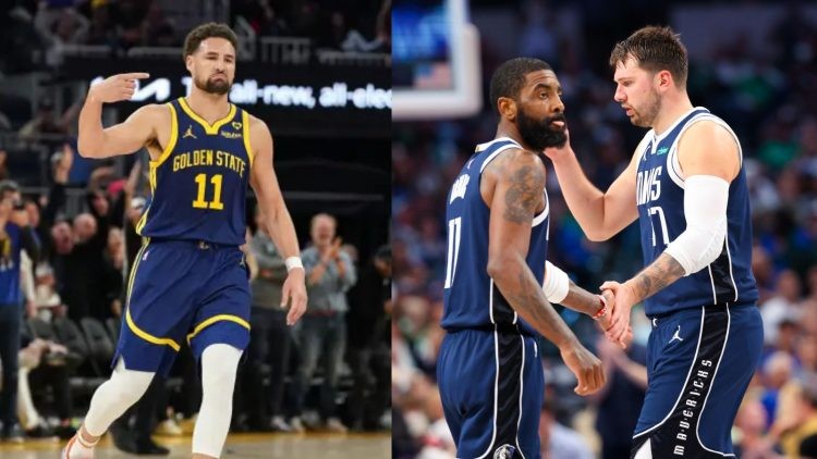 Dallas Mavericks' Klay Thompson and Luka Doncic with Kyrie Irving