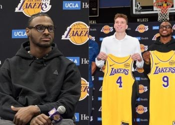 Los Angeles Lakers' Bronny James and Dalton Knecht