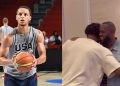 LeBron James with Joel Embiid and Steph Curry representing Team USA